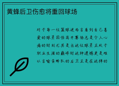 黄蜂后卫伤愈将重回球场